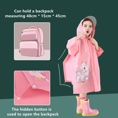 Cute Kids Raincoat Wateproof Children Dinosaur Unicorn Rain Poncho Rain Coat Jacket With Backpack Position Student RainWear Good Vibrations