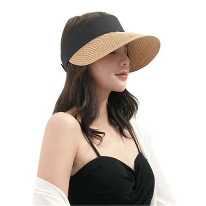 Foldable Portable Beach Hat Wide Brim Sun Hat Roll-up Summer Casual Straw Cap Visors For Women Good Vibrations
