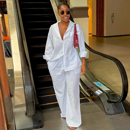 Solid Women Pant Sets Two Pieces Matching Set Elastic Waist Wide Leg Pants Long Sleeves Shirt Loose Elegant Casual 2025 Spring Good Vibrations