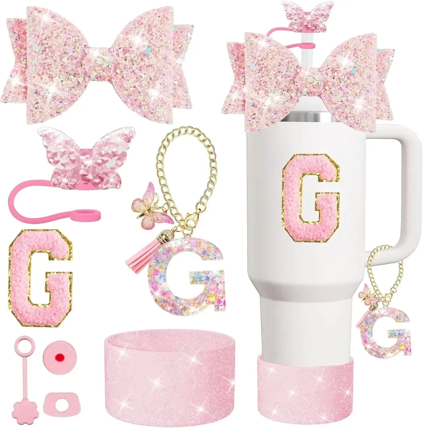 8PCS Cup Accessories Set for Stanley Cup 30 40oz Tumbler Straw Topper Cover Cap Boot,Spill Proof Stopper Charm Initials Sticker Good Vibrations