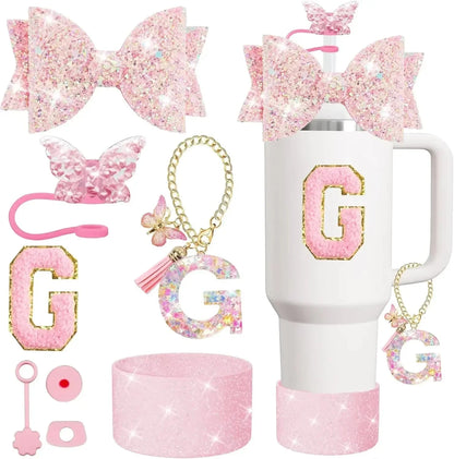 8PCS Cup Accessories Set for Stanley Cup 30 40oz Tumbler Straw Topper Cover Cap Boot,Spill Proof Stopper Charm Initials Sticker Good Vibrations