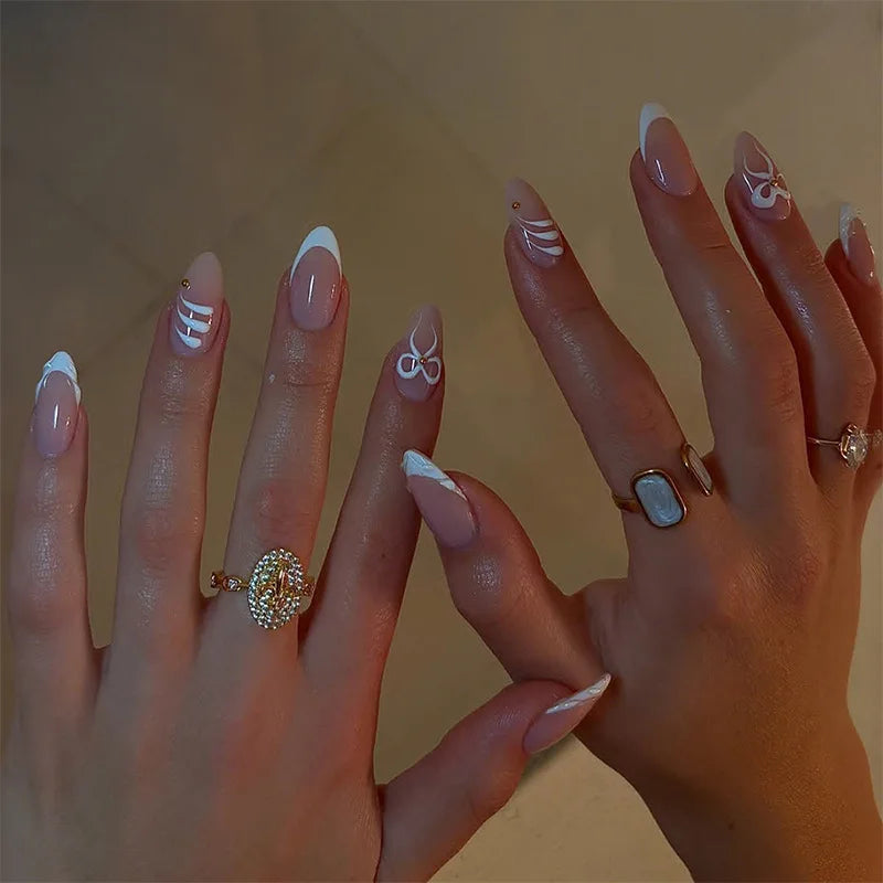 White French Press on Nails 3D Bowknot Fake Nails Tips Full Cover Wearable False Nails for Women and Girls DIY Manicure 24Pcs Good Vibrations
