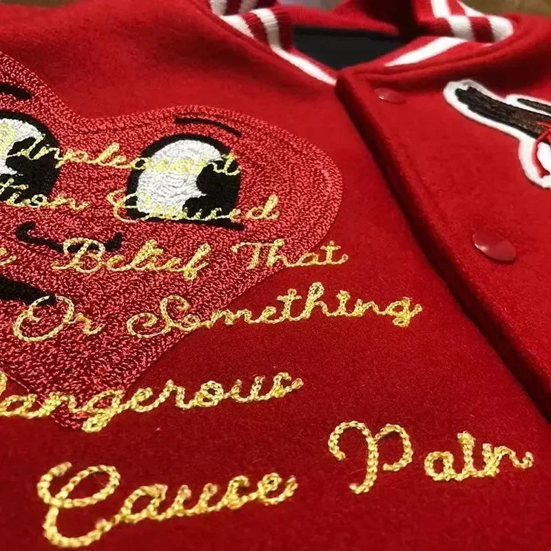 American Fashion Trendy Brand High-density Letter Cartoon Embroidered Red Baseball Uniform Clothing For Men And Women Jacket Good Vibrations