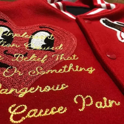 American Fashion Trendy Brand High-density Letter Cartoon Embroidered Red Baseball Uniform Clothing For Men And Women Jacket Good Vibrations