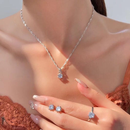 5Pcs Elegant Crystal Jewelry Set Zirconia Ring Necklace Bracelet Earrings Simple Set Jewelry Fashion Versatile Trendy Jewelry Good Vibrations