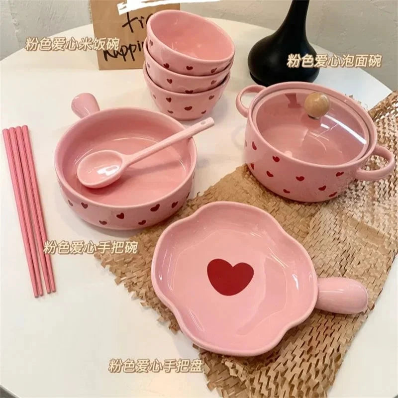 Pink Love Cutlery Set Rice Bowl Household Ceramic Double Ear Instant Noodle Soup Bowl Hand Paired Spoon Combination Noodle Bowl Good Vibrations