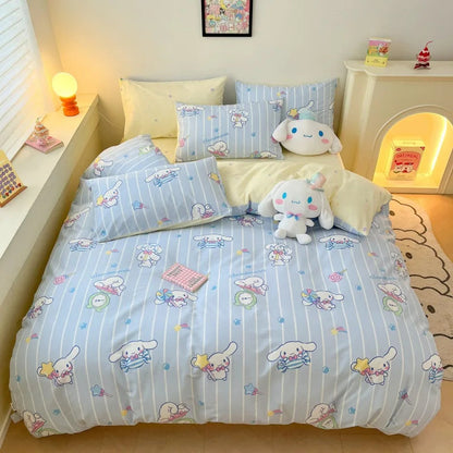 Sanrio 100% Cotton Bedding Set Cute Hello Kitty Kuromi Melody King Queen Pillowcase Bed Linens Girl Dorm Bedclothes Home Textile Good Vibrations