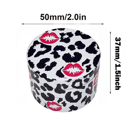 40/50mm leopard print herb grinder with 4-layer design and magnetic lid.