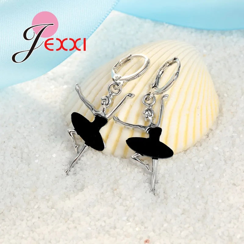 Charming Girl Doll Pendant Necklace Earrings 925 Sterling Silver Black Dress Ballet Fashion Woman Zircon Stone Jewelry Set Good Vibrations