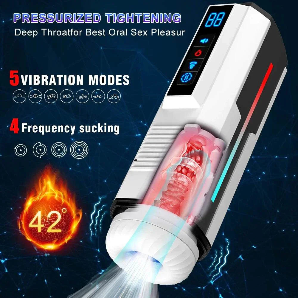 Automatic telescopic male masturbator cup with vibration and sucking modes, featuring deep throat simulation and pressurized tightening for enhanced pleasure.