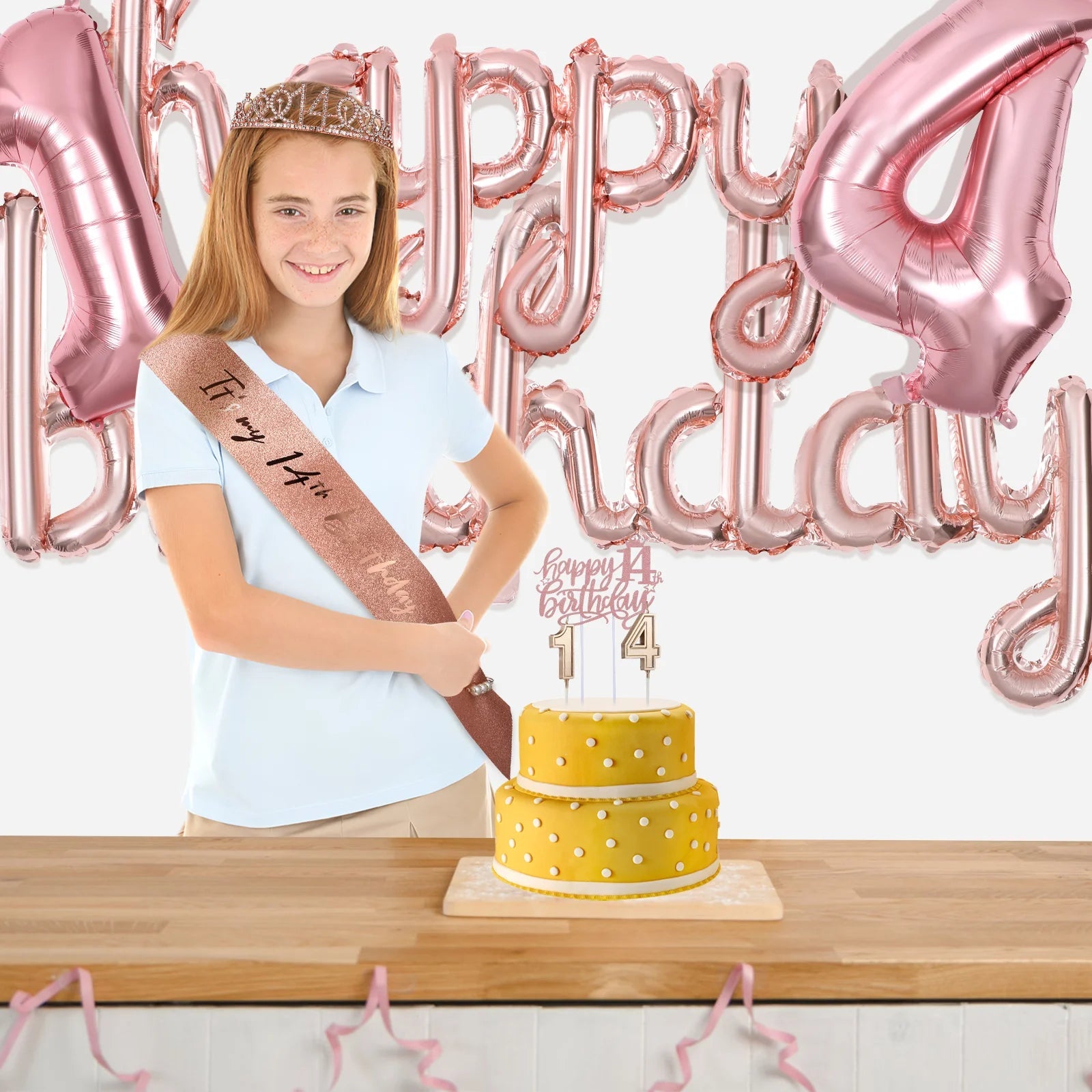 14 Year Old Girl Birthday Decorations Party Supplies Celebration Festive Holiday Nament Crown Sash Pearl Pin Balloon Garland Good Vibrations
