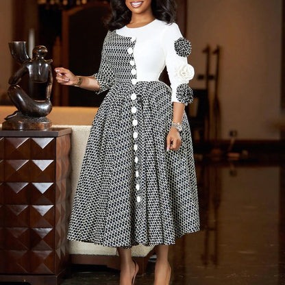 Elegant Dresses for Women 2025 Fall Fashion African 3/4 Sleeve Party Birthday New Robe Chic 3D Flower Plaid Evening A-Line Dress Good Vibrations