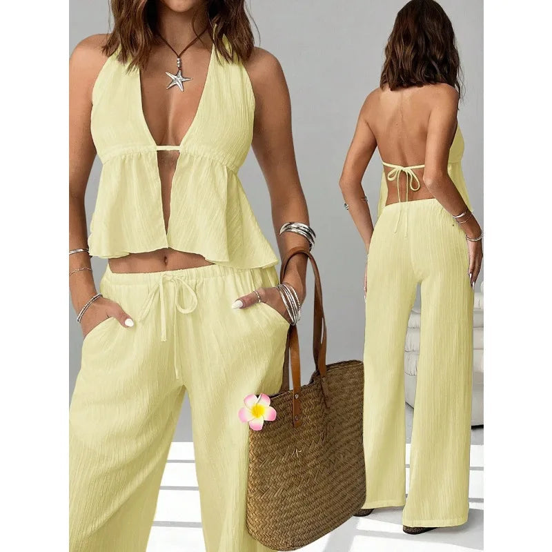Women 2 Piece Outfits Halter Backless Tie Up Crop Top and Wide Leg Pants Casual Summer Vacation Two Piece Loungewear Tracksuit Good Vibrations