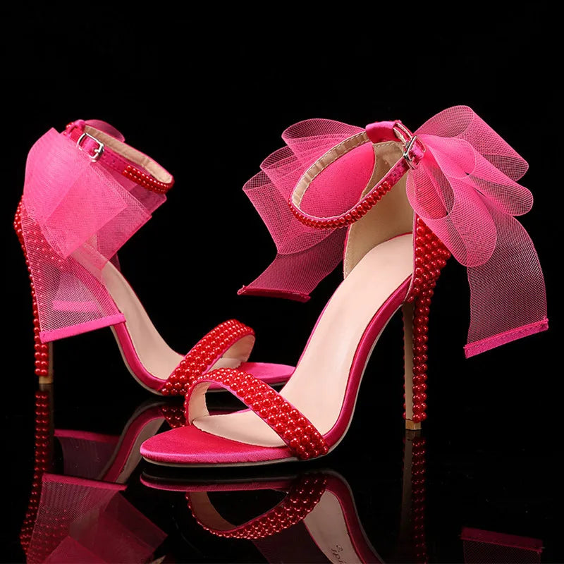 Summer New brand Fashion Bowknot Beading Women Gladiator Sandals Luxury Pearls White thin High heels Wedding Bridal Party Shoes Good Vibrations