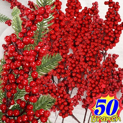 Christmas Red Berries Fake Plants Flowers Artificial Holly Berry Stamen Wreath Ornaments for Xmas Tree Party Home Decor Good Vibrations