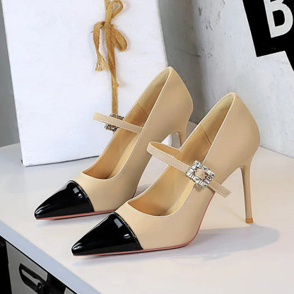 Women 9.5cm High Heels Lady Fashionable Rhinestone Pumps Female Pointed Toe Stiletto Heel Silk Comfortable Evening Shoes Good Vibrations