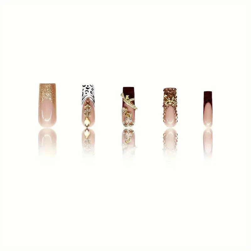 24 pieces of long square armor gold French white leopard print French 3d gold gun flash diamond gold dollar diamond gold - Good Vibrations