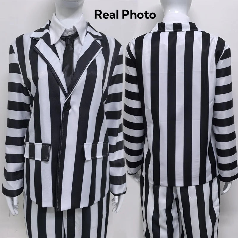 Men's Adult Halloween Costume Black and White Striped Suit Shirt and Tie Scary Costumes Spooky Beetla Halloween Cosplay Outfits Good Vibrations