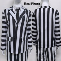 Men's Adult Halloween Costume Black and White Striped Suit Shirt and Tie Scary Costumes Spooky Beetla Halloween Cosplay Outfits Good Vibrations