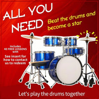 Kids 5-Piece Complete Junior Drum Set with Genuine Brass Cymbals with 16" Bass Drum, Tom-Tom, Snare, Cymbals, Hi-Tone Good Vibrations