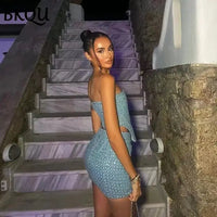 BKQU Women Sequined Denim Two Piece Sets Sexy Strapless Corset Tank Tops and Mini Skirt Sets 2024 Summer Party Nightclub Outfits Good Vibrations Adult Super Store