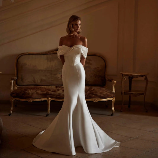 Satin Off Shoulder Wedding Dress Pleat Strapless Mermaid Bride Gown Detachable Train Vestido De noivas para casamento Customized Good Vibrations