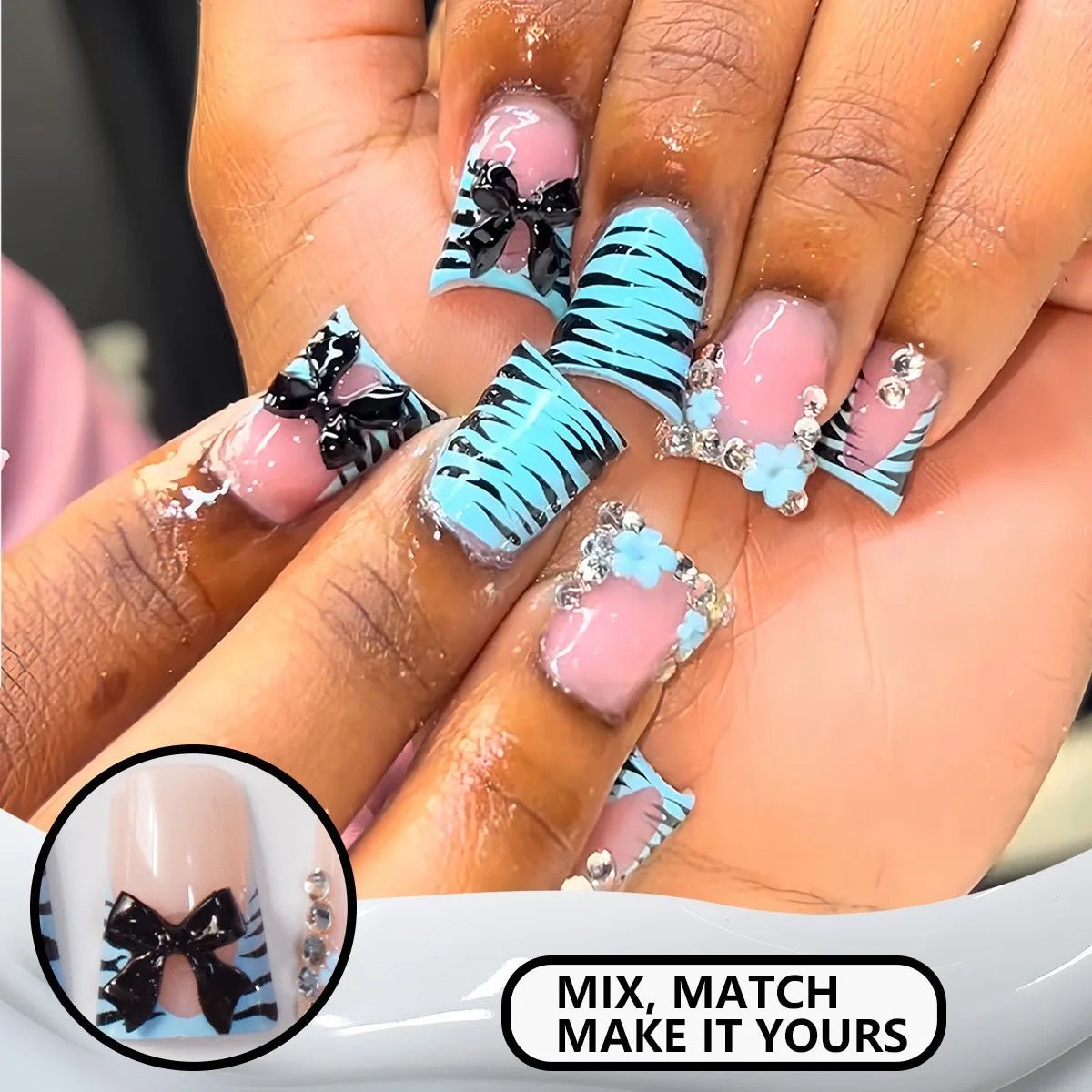 24pcs Nude Pink Sweet Fake Nails Short Duckbill Leopard Print French False Nails With 3D Bowknots Butterfly Cherry Press On Nail Good Vibrations