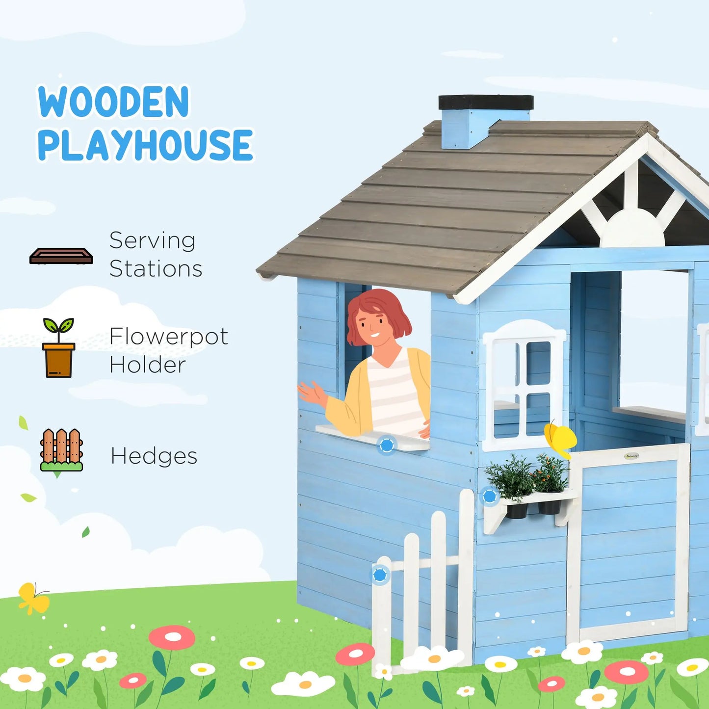 Wooden Playhouse for Kids Outdoor with Flower Pot Holders, Door, Windows, Service Stations for 3-7 Years, Blue Good Vibrations