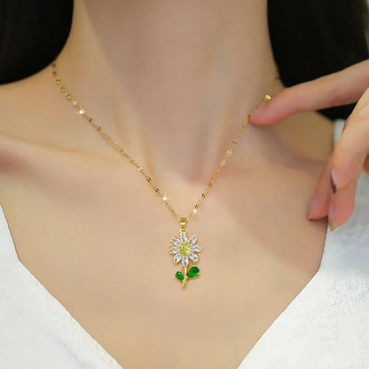 Classic Green Leaf Flower Necklace and Earrings Set Light Luxury Sunflower Personalized Banquet Stainless Steel Jewelry Good Vibrations Adult Super Store