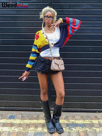 Weird Puss Y2K Cardigan Sweater Women Letter Print Casual Wild V-Neck Button Colorful Patchwork Street Trend Hipster Knit Coat Good Vibrations