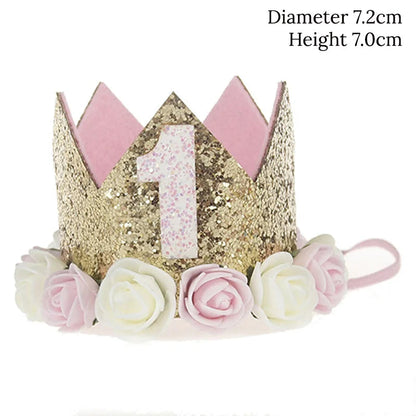 Baby Birthday Decoration Girl 1 2 3 Years Crown Hat Pink White Flower Sequins Crown 1st birthday Photo Prop Happy Birthday Gifts Good Vibrations