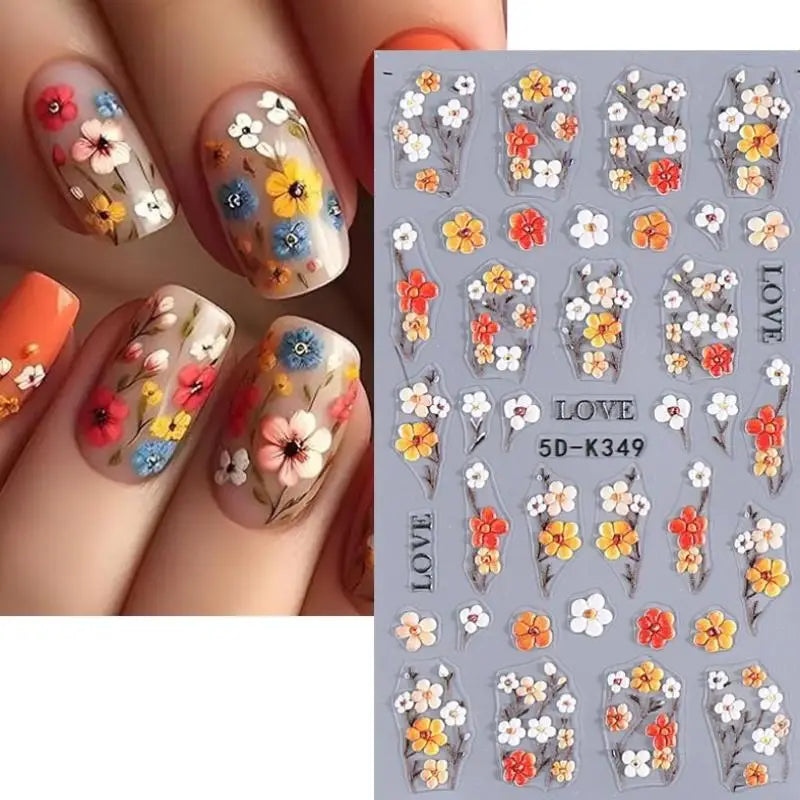 ★★★Colorful 5D Flower Embossed Nail Stickers Fresh Floral Designs Five-Petal Flower Self-Adhesive DIY Nail Art Decals Good Vibrations