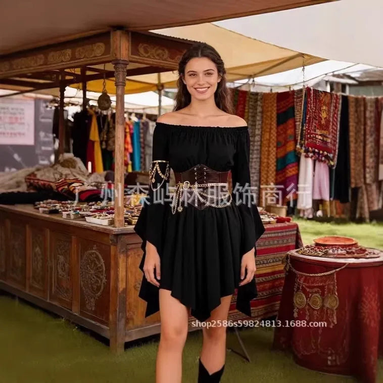 Women's Dress Suit Halloween Renaissance Medieval Pirate Dress Off-the-Shoulder Flared-Sleeve Waist-Cinched Dress Outfits Good Vibrations