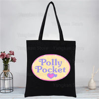 Kawaii Polly Pocket Shopping Bag Women Canvas Tote Bags Printing Eco Bag Cartoon Shopper Shoulder Bags Black Good Vibrations
