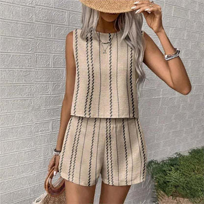 Women's Two Piece Sets 2025 Summer Casual Loose Crafts Striped Printed Sleeveless Vest Shorts 2-piece Set Suit Women Streetwear Good Vibrations