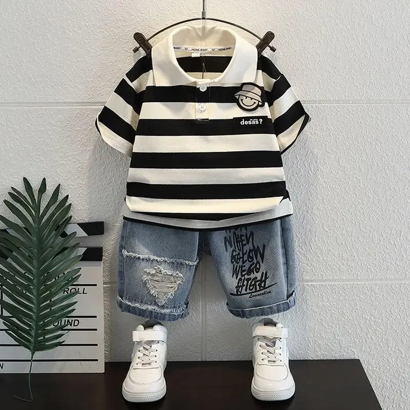 Boys Outfit T-Shirt and Jeans Korean Polo Fashion 2PCS Casual Clothing Korean Reviews  2025 Summer Top Toddler Kids Clothes Sets Good Vibrations