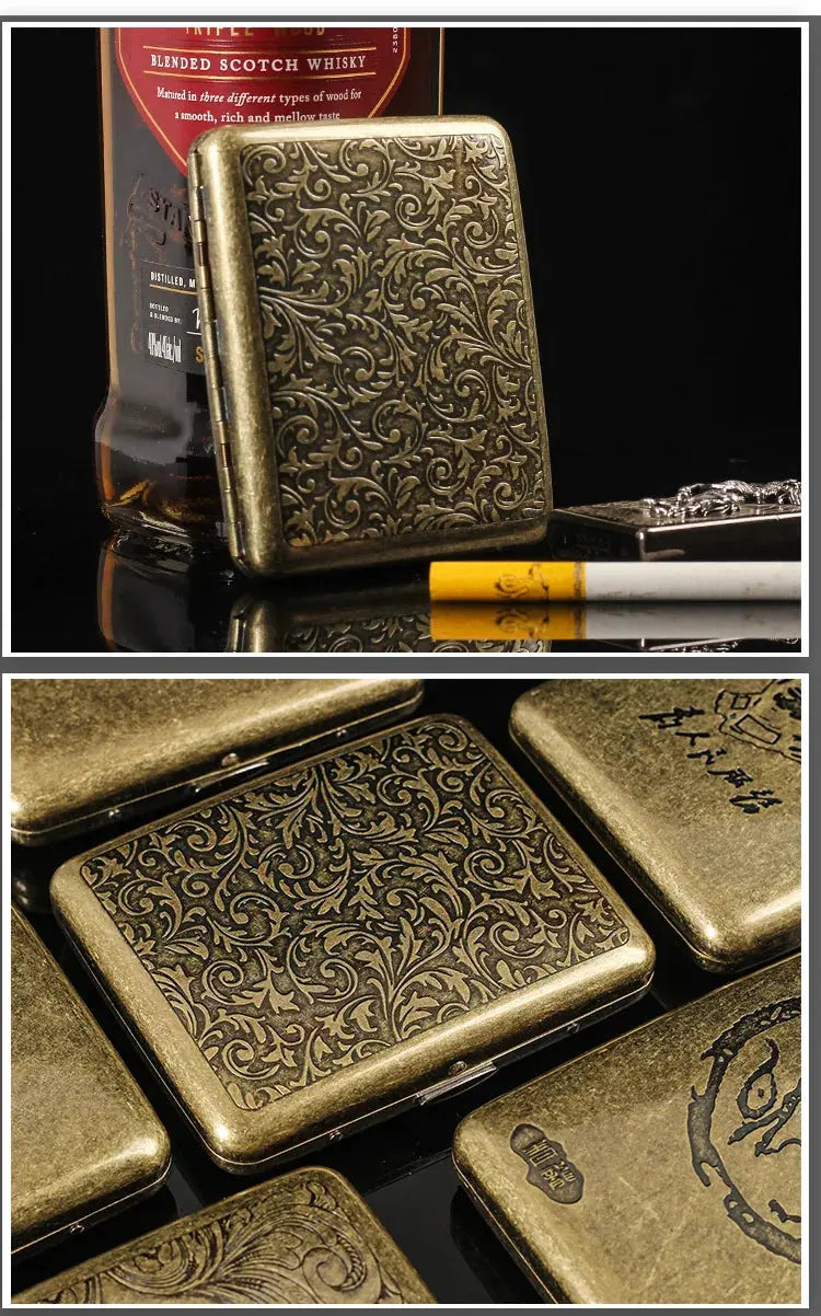 Retro brass cigarette box with intricate design for storing cigars and cigarettes.