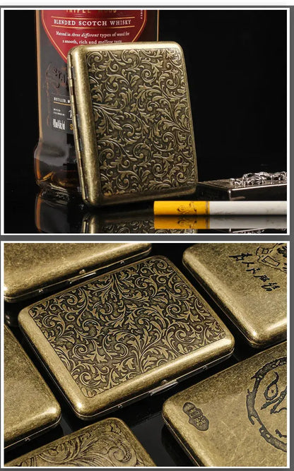 Retro brass cigarette box with intricate design for storing cigars and cigarettes.