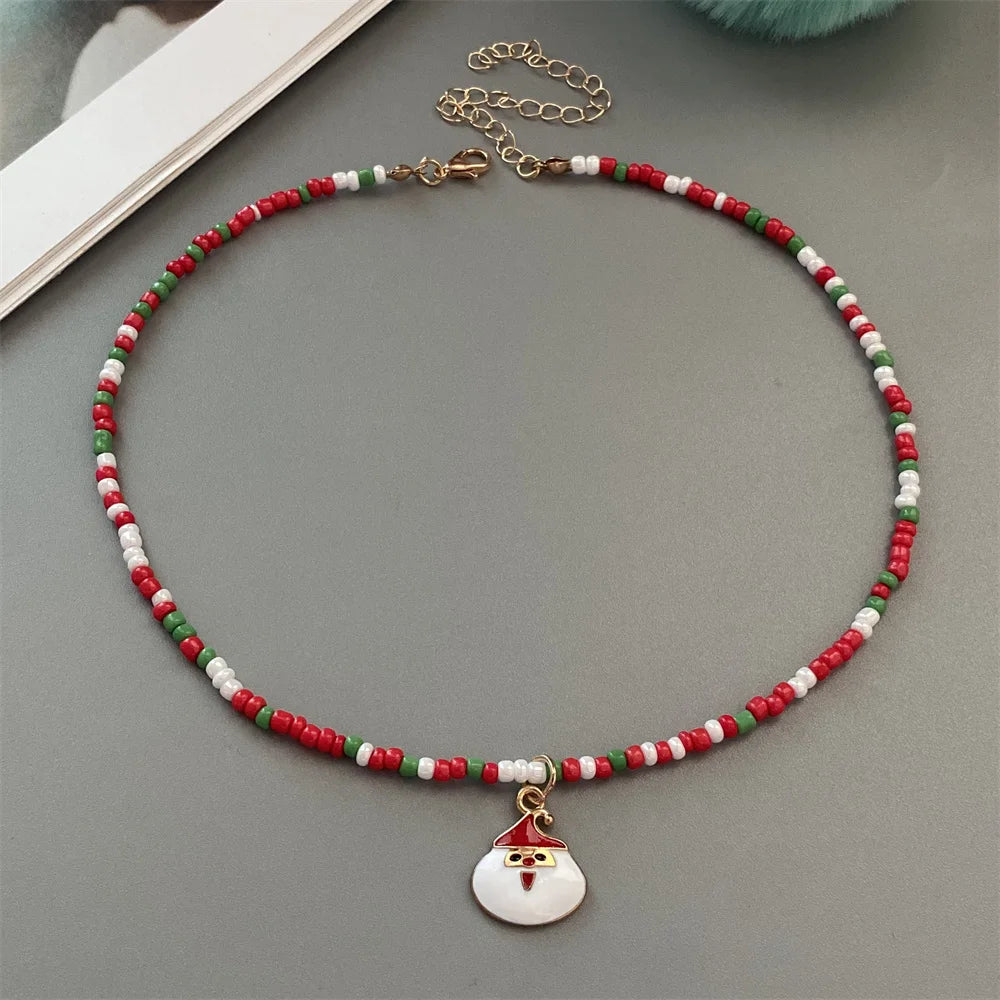 Christmas Necklaces for Women Girls Handmade Rice Beads X'mas Tree Santa Claus Snowman Gift Necklace Pendant New Year Jewelry Good Vibrations