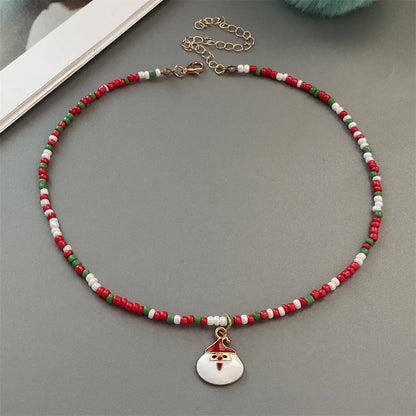 Christmas Necklaces for Women Girls Handmade Rice Beads X'mas Tree Santa Claus Snowman Gift Necklace Pendant New Year Jewelry Good Vibrations