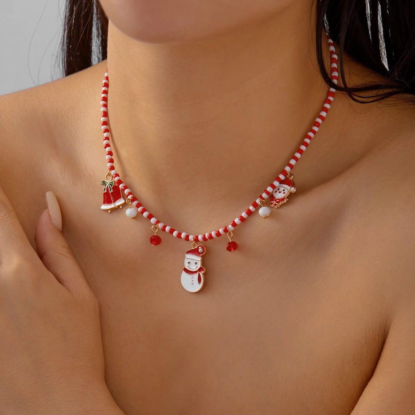 Christmas Necklaces for Women Girls Handmade Rice Beads X'mas Tree Santa Claus Snowman Gift Necklace Pendant New Year Jewelry Good Vibrations