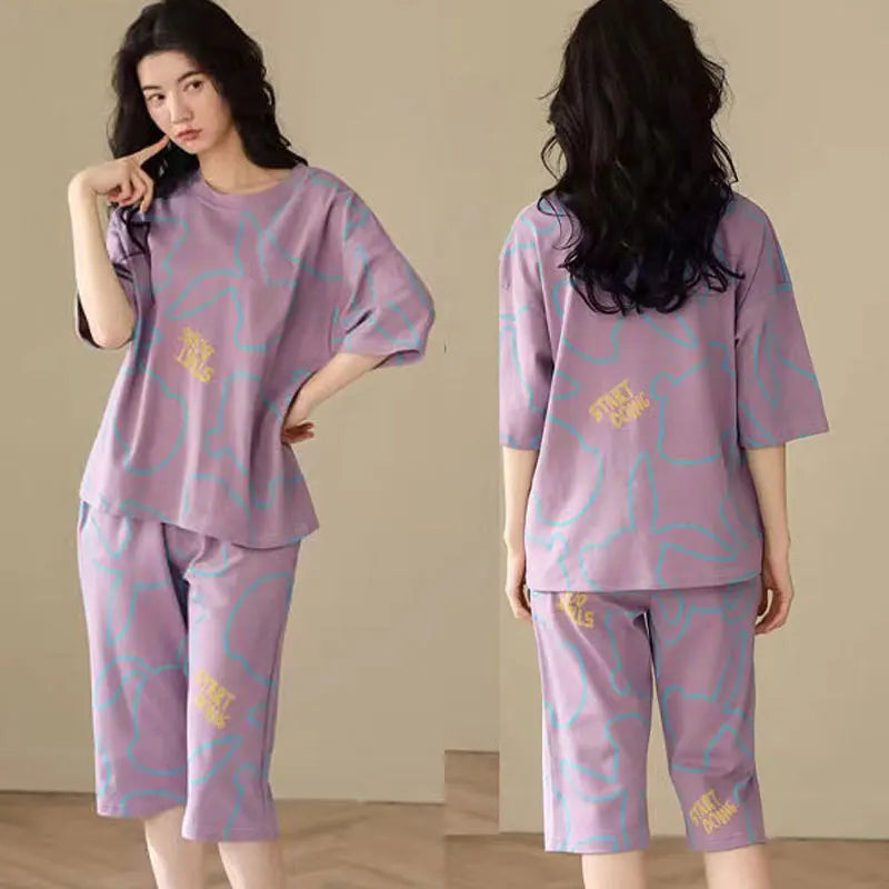 2-piece Set Women Cartoon Casual Homewear Clothes Girls Sleepwear Women Summer Short-sleeve Three-quarter Pants Pajama Set Good Vibrations