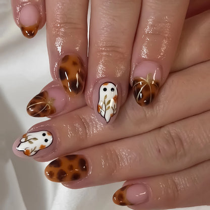 24Pcs Almond Fake Nails Orange Leopard Printed Press on Nails Full Cover Acrylic False Nails Patch for Women DIY Manicure Art Good Vibrations