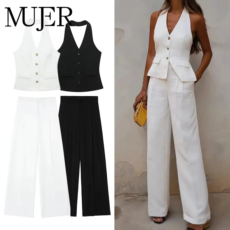 MUJER Pants Sets For Women 2 Pieces Off Shoulder Sleeveless Vest Woman Outfit Fashion Wide Leg Pants Elegant Casual Women's Set Good Vibrations