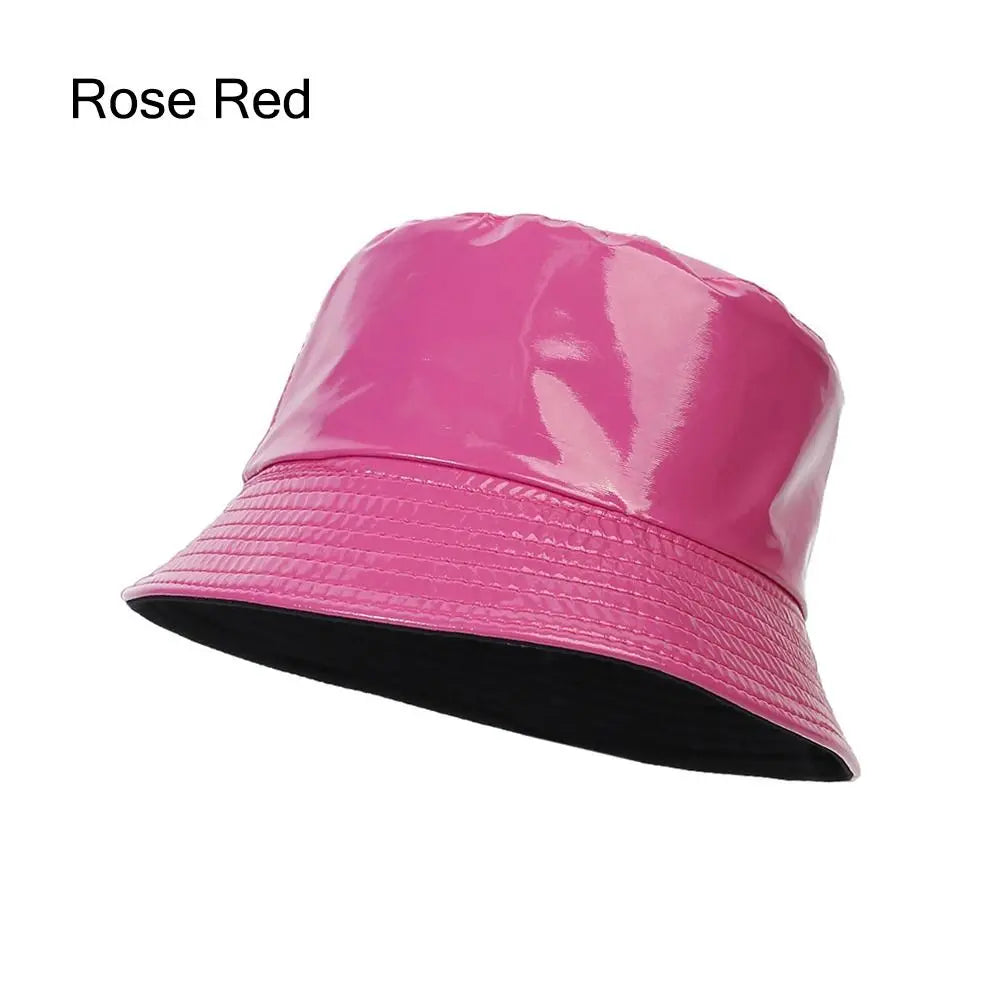 Faux Leather Bucket Hat Women Reversible PU Leather Sun Hat Fashion Autumn Waterproof Fisherman Hat Reversible Sun Bucket Hat Good Vibrations