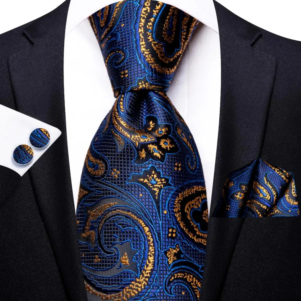 Hi-Tie Navy Blue Solid Paisley Silk Wedding Tie For Men Hanky Cufflink Mens Necktie Set Business Party New Design Dropshipping Good Vibrations