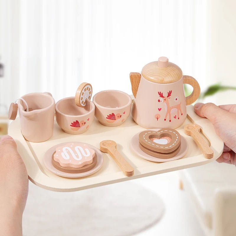 Afternoon Tea Set Wooden Toy Pretend Play Food Learning Role Play Game Early Educational Toys for Toddlers Girls Boys Kids Gifts Good Vibrations