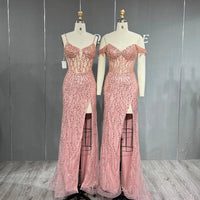 YQLNNE Sexy Black Off Shoulder Slit Prom Dresses Long Mermaid Formal Sequins Gowns Boned Bodice Good Vibrations