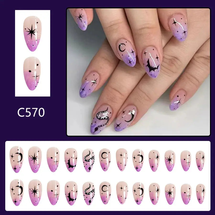 24Pcs/set Almond Halloween Press on Nails Black Bat Fake Nail Moon and Stars Pattern Removable Wearable Nails for Women&Girl Good Vibrations