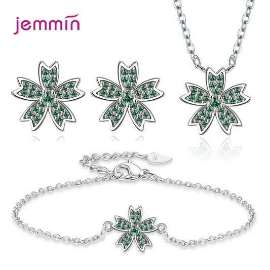 Charm 925 Sterling Silver Jewelry Sets Shiny Cherry Blossoms Cubic Zircon Necklace Earrings Bracelet for Women Girls Party Gift Good Vibrations